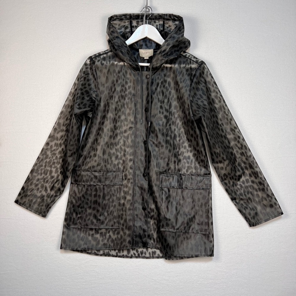 LOFT Leopard Print Raincoat Women M Gray Black Hooded Snap Zipper Pockets